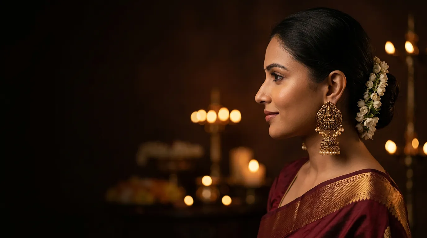 A woman in a maroon silk saree wearing a temple jhumka, with lit diyas glowing behind her