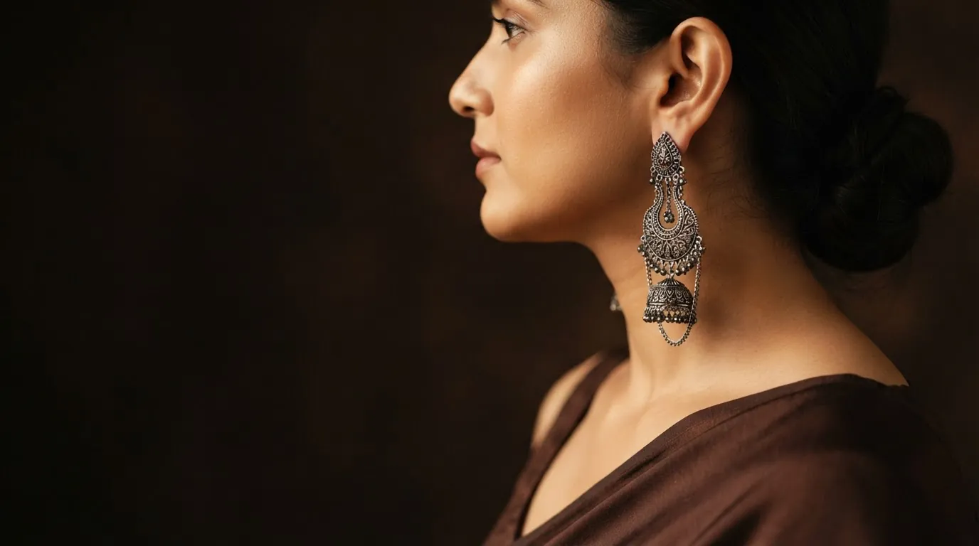 A woman wearing a long oxidised German silver jhumka earring