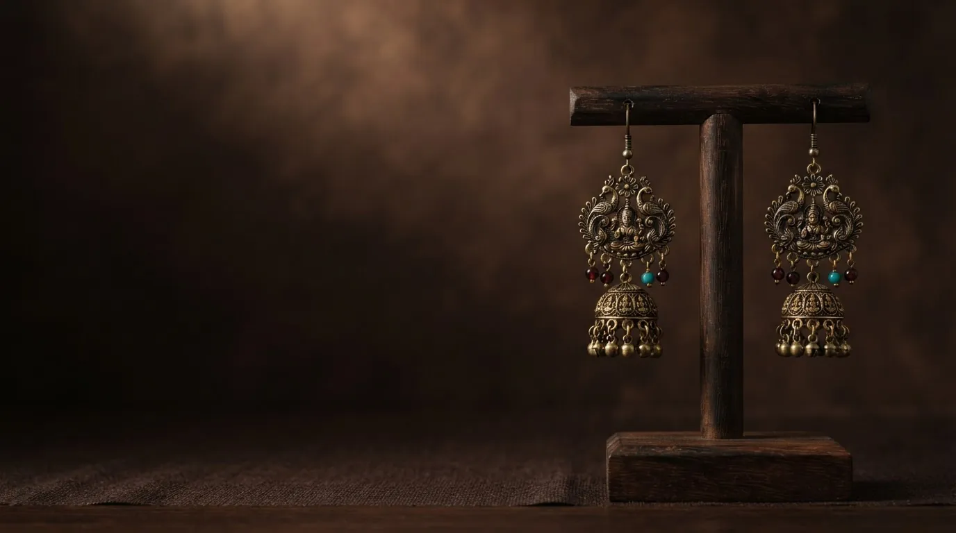 Oxidised brass temple jhumkas hanging on a dark wooden stand